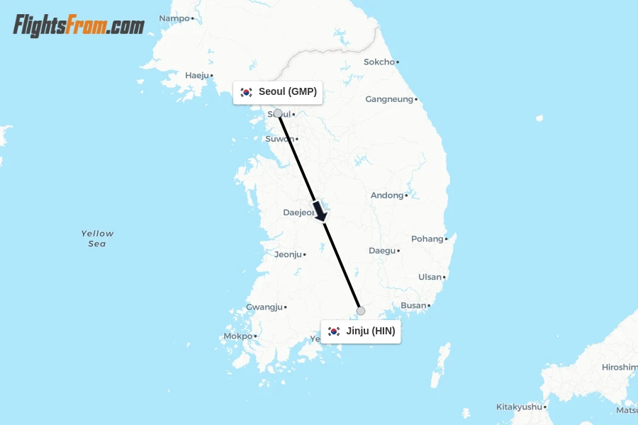 Flights from Seoul to Jinju route map