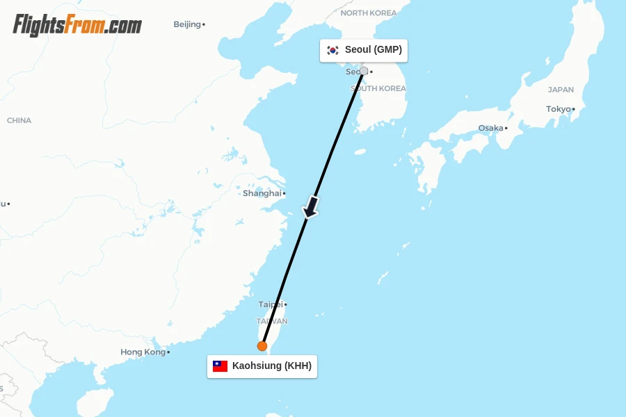 Flights from Seoul to Kaohsiung route map