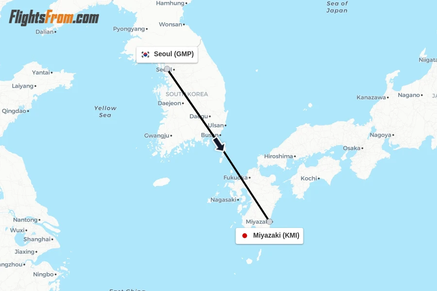 Flights from Seoul to Miyazaki route map