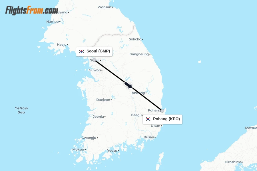 Flights from Seoul to Pohang route map