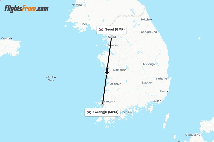 Flights from Seoul to Gwangju route map