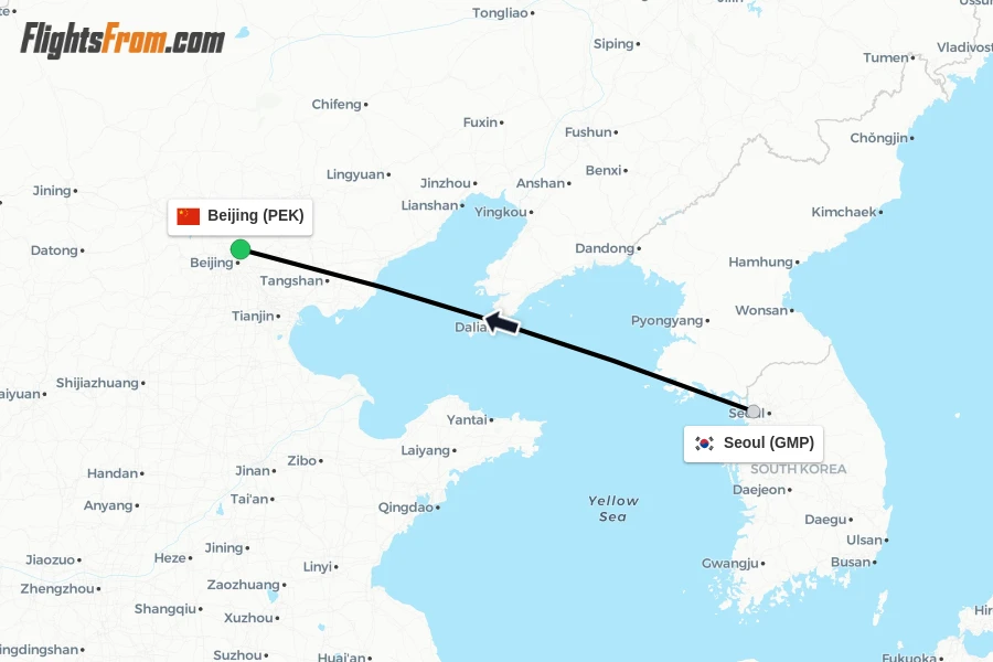 Flights from Seoul to Beijing route map