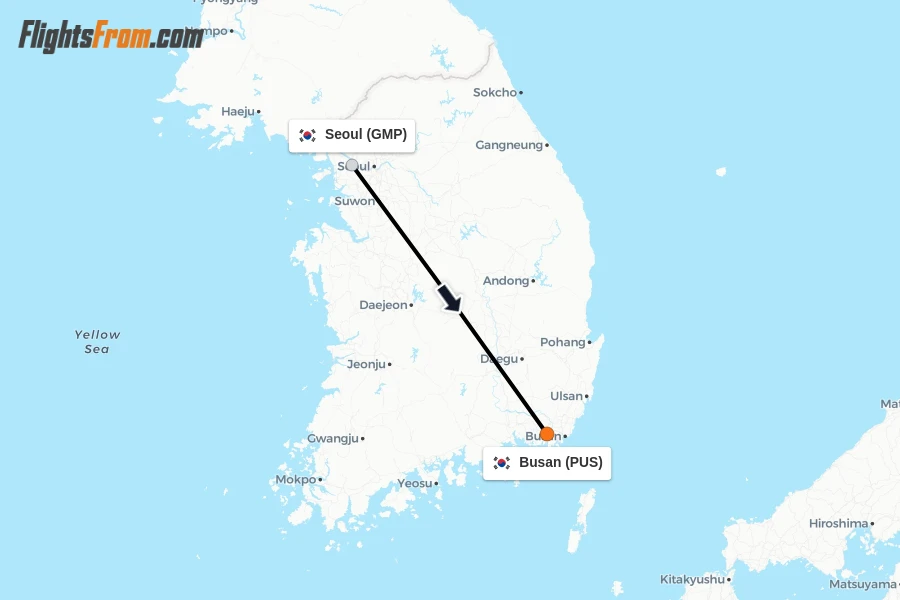 Flights from Seoul to Busan route map