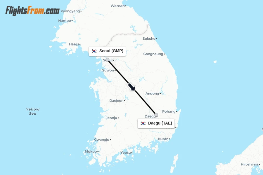 Flights from Seoul to Daegu route map