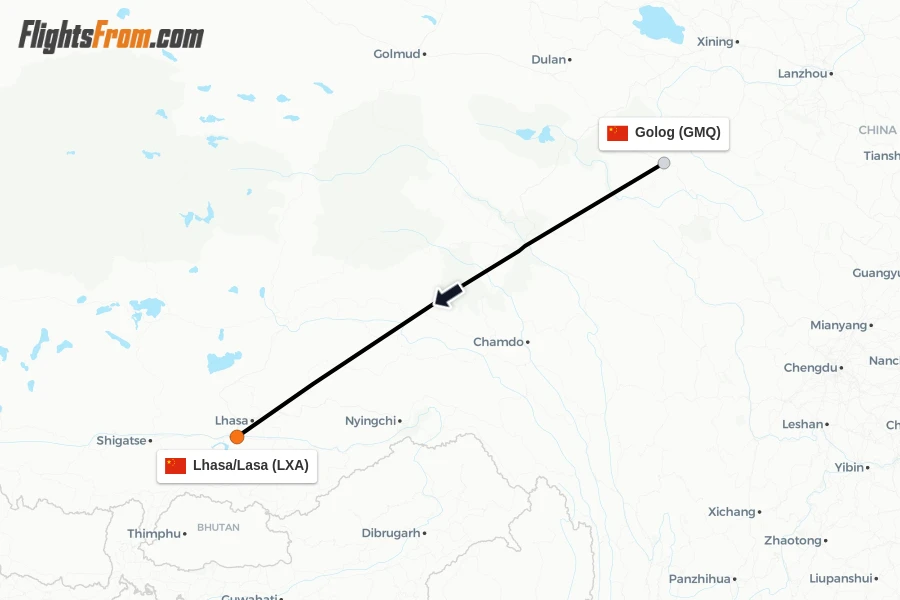 Flights from Golog to Lhasa/Lasa route map
