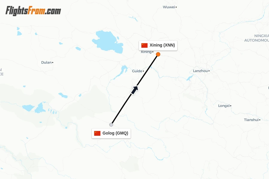 Flights from Golog to Xining route map