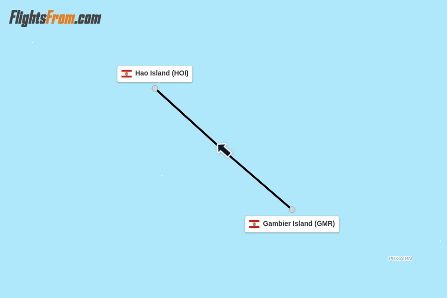Flights from Gambier Island to Hao Island route map
