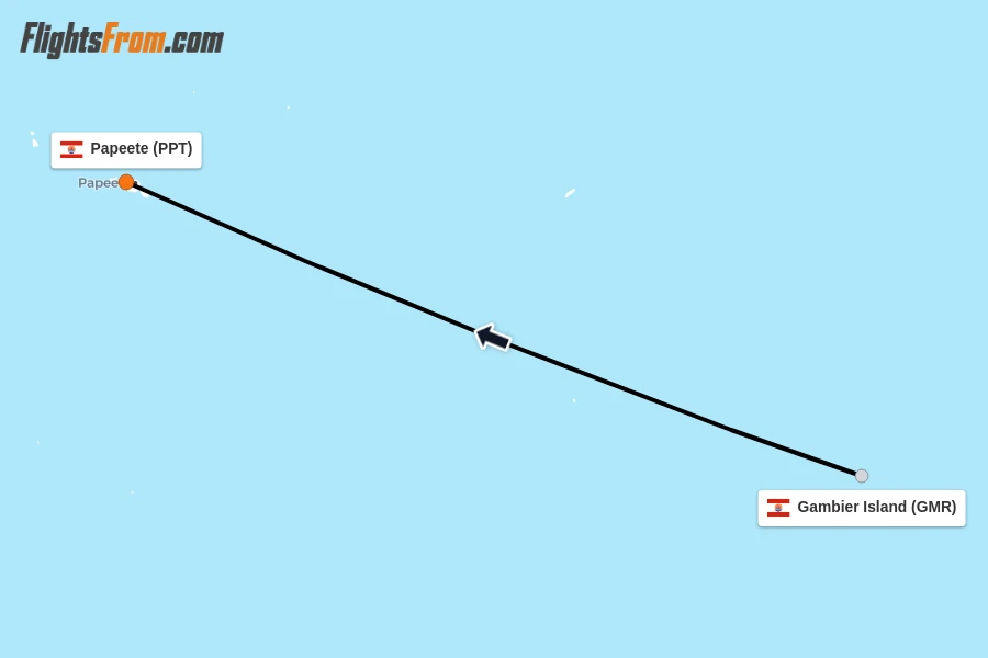 Flights from Gambier Island to Papeete route map