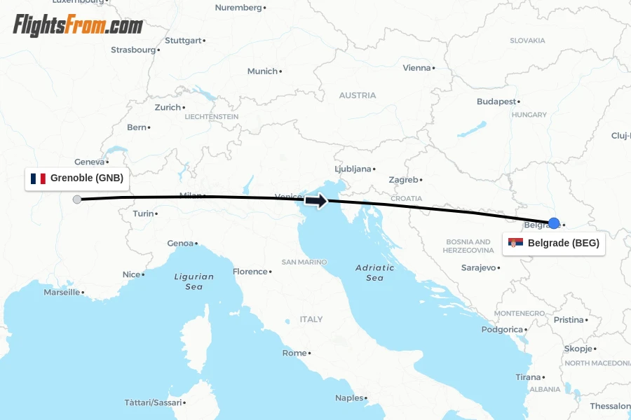 Flights from Grenoble to Belgrade route map