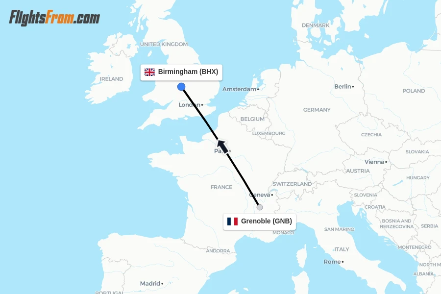 Flights from Grenoble to Birmingham route map