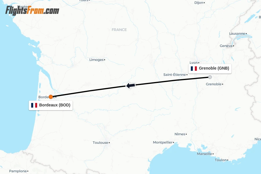 Flights from Grenoble to Bordeaux route map