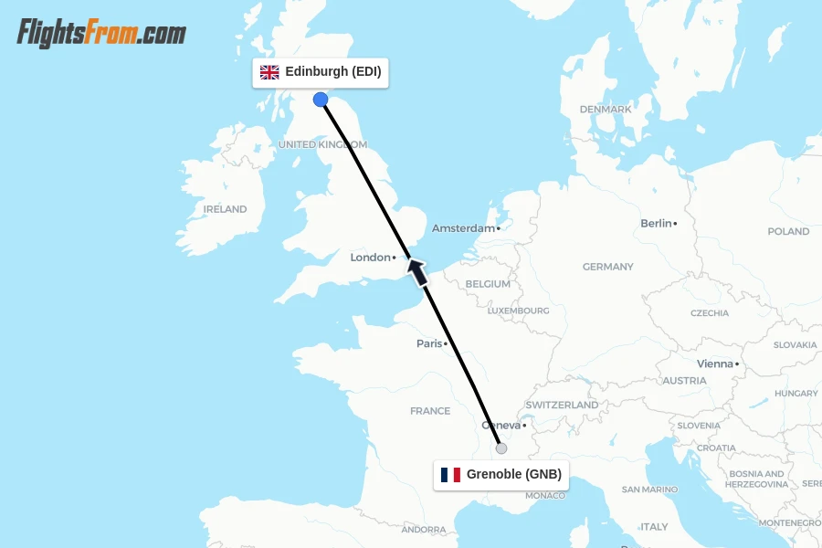 Flights from Grenoble to Edinburgh route map