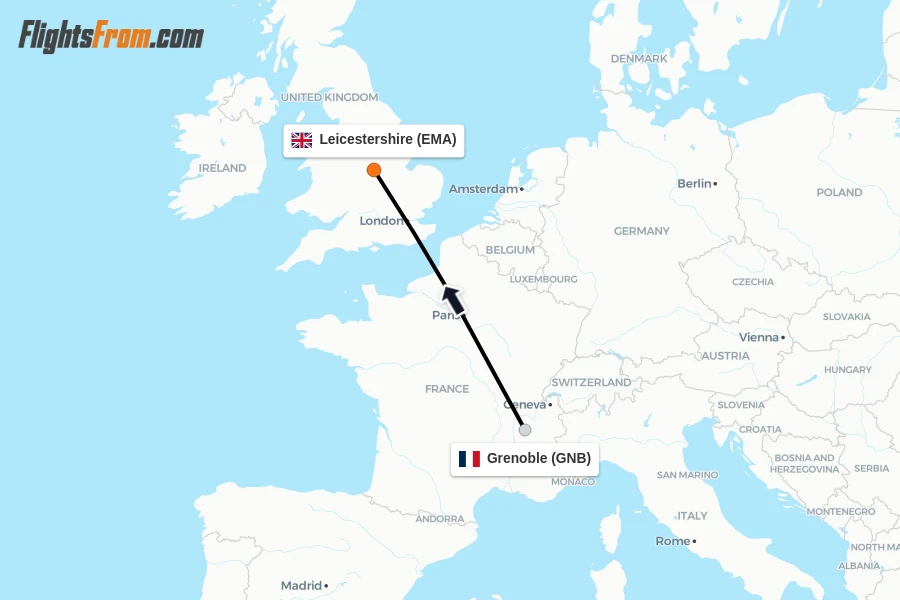 Flights from Grenoble to Leicestershire route map