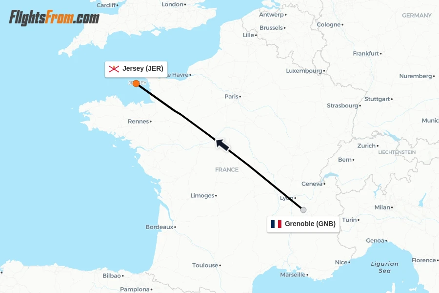 Flights from Grenoble to Jersey route map