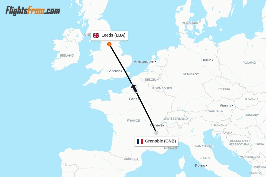Flights from Grenoble to Leeds route map