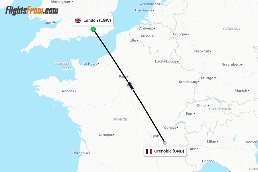 Flights from Grenoble to London route map