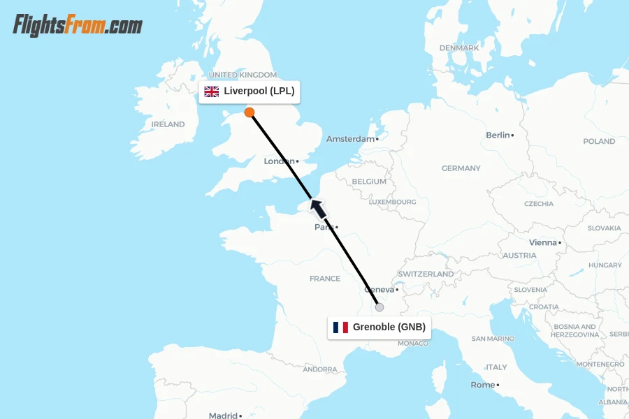 Flights from Grenoble to Liverpool route map