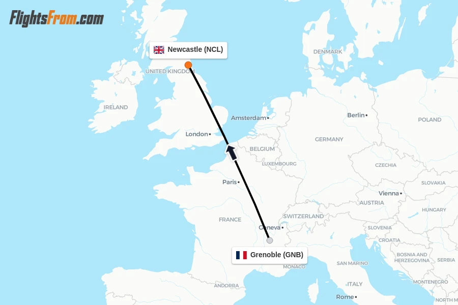 Flights from Grenoble to Newcastle route map