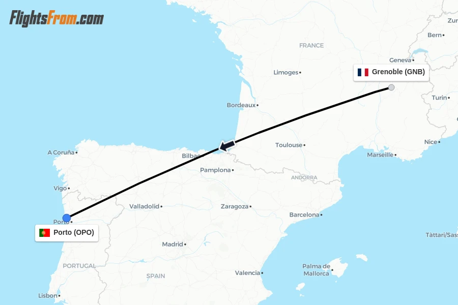 Flights from Grenoble to Porto route map