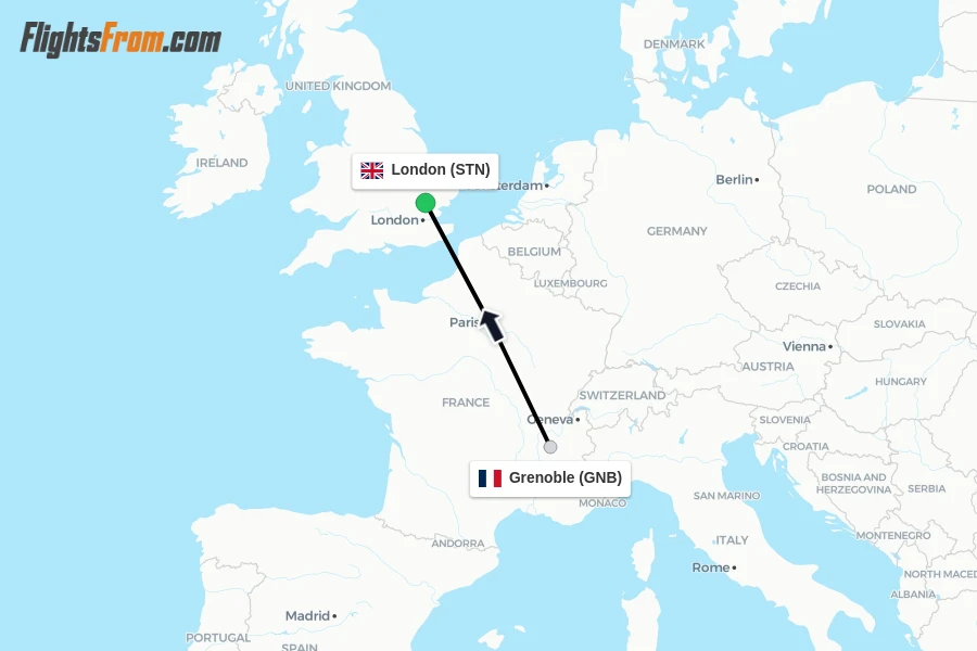 Flights from Grenoble to London route map