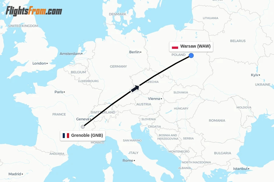 Flights from Grenoble to Warsaw route map