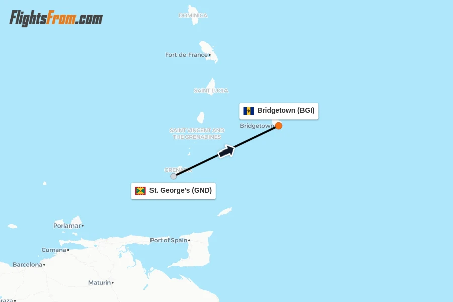 Flights from St. George's to Bridgetown route map