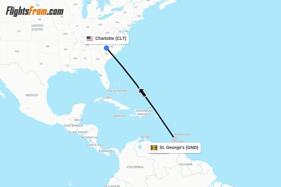 Flights from St. George's to Charlotte route map