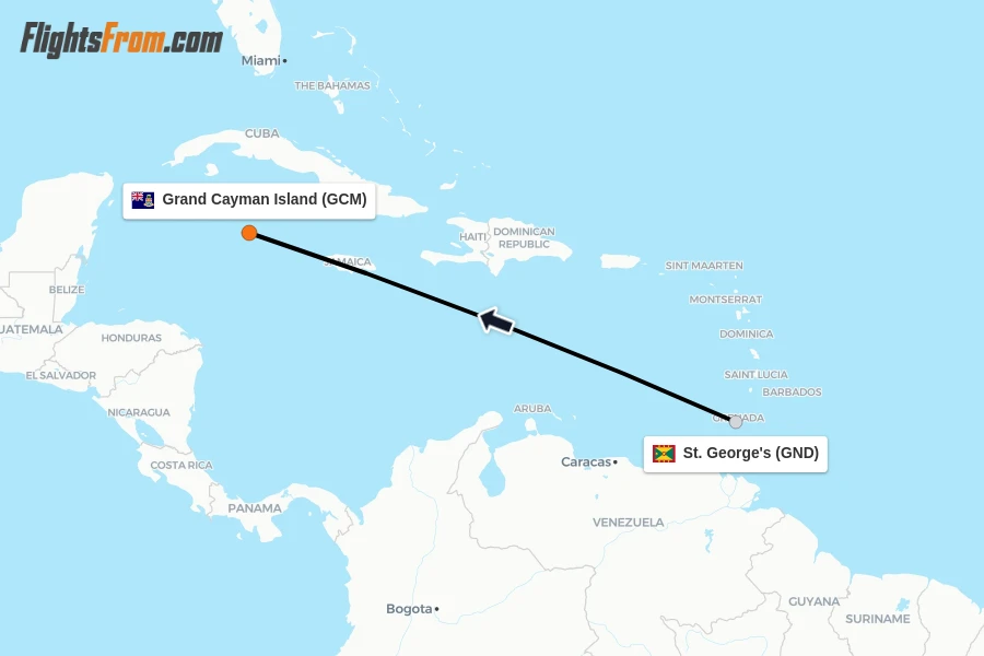 Flights from St. George's to Grand Cayman Island route map
