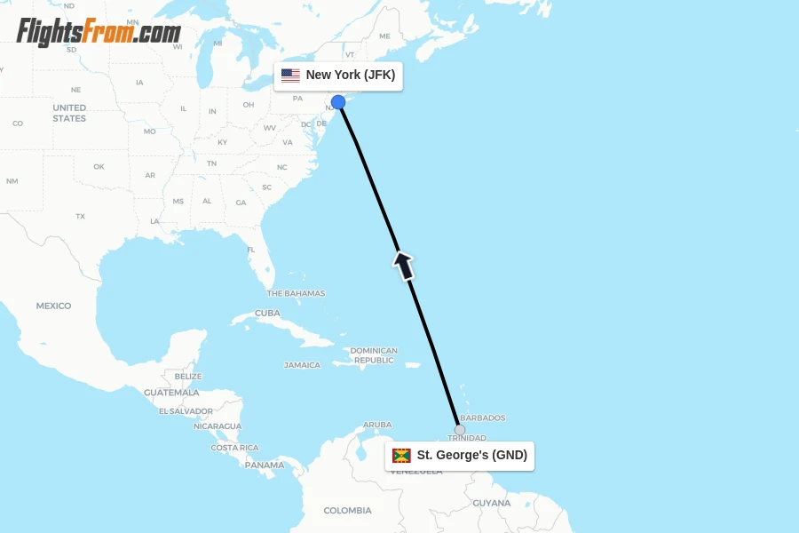 Flights from St. George's to New York route map
