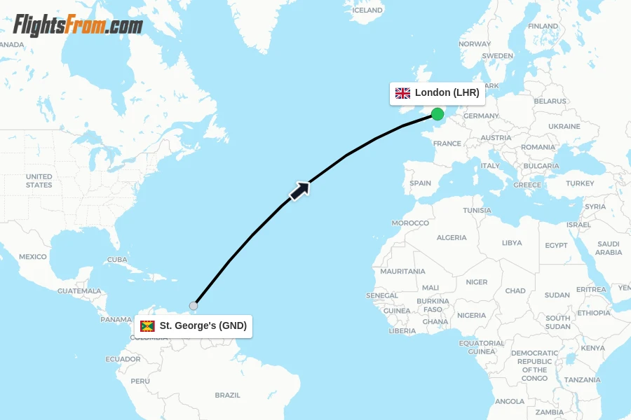 Flights from St. George's to London route map