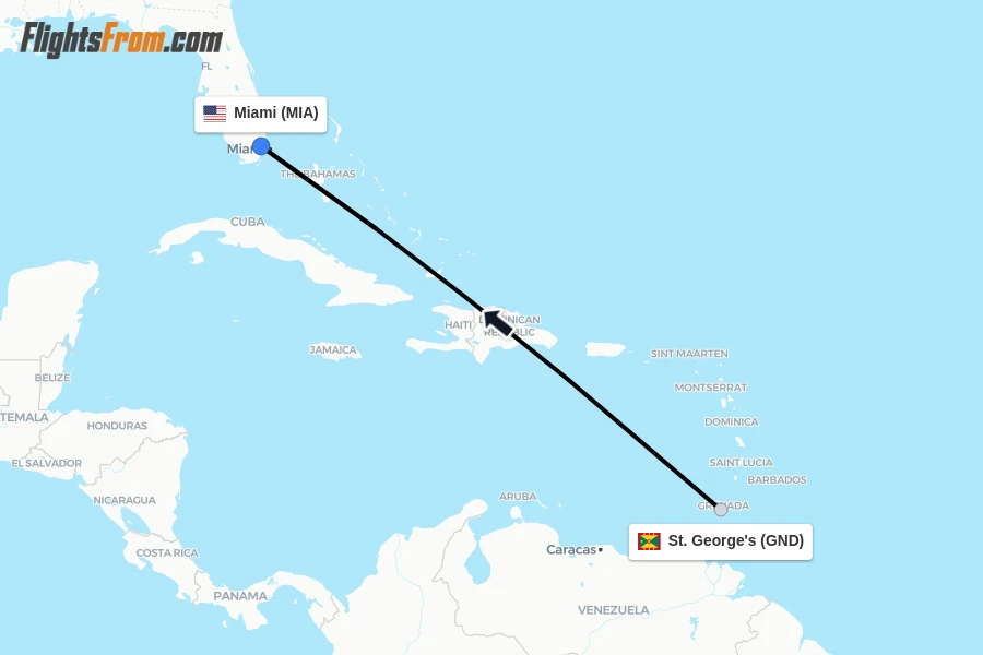 Flights from St. George's to Miami route map