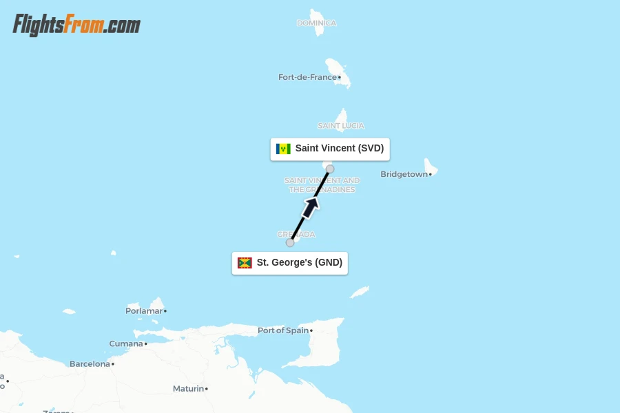 Flights from St. George's to Saint Vincent route map