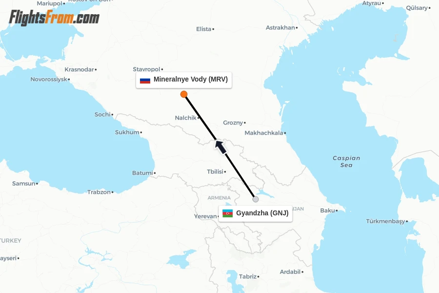 Flights from Gyandzha to Mineralnye Vody route map