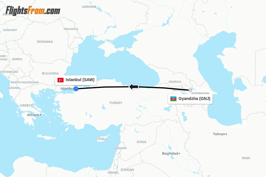Flights from Gyandzha to Istanbul route map