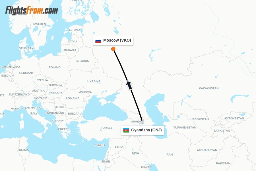 Flights from Gyandzha to Moscow route map