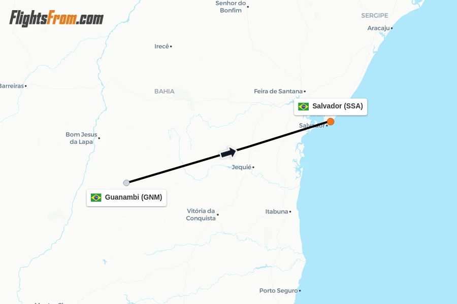 Flights from Guanambi to Salvador route map