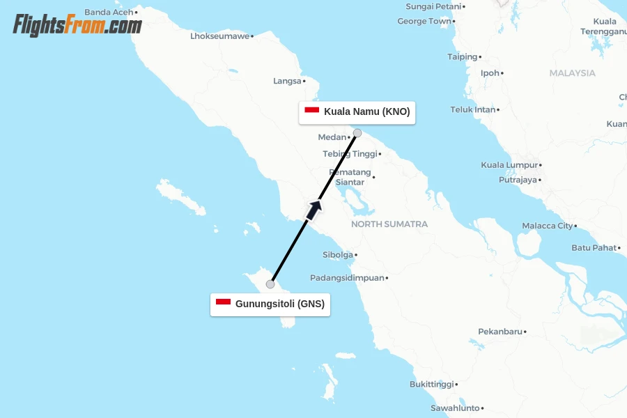Flights from Gunungsitoli to Kuala Namu route map