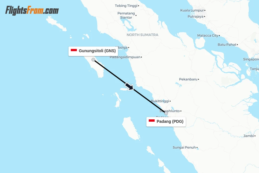 Flights from Gunungsitoli to Padang route map
