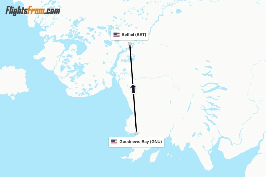 Flights from Goodnews Bay to Bethel route map