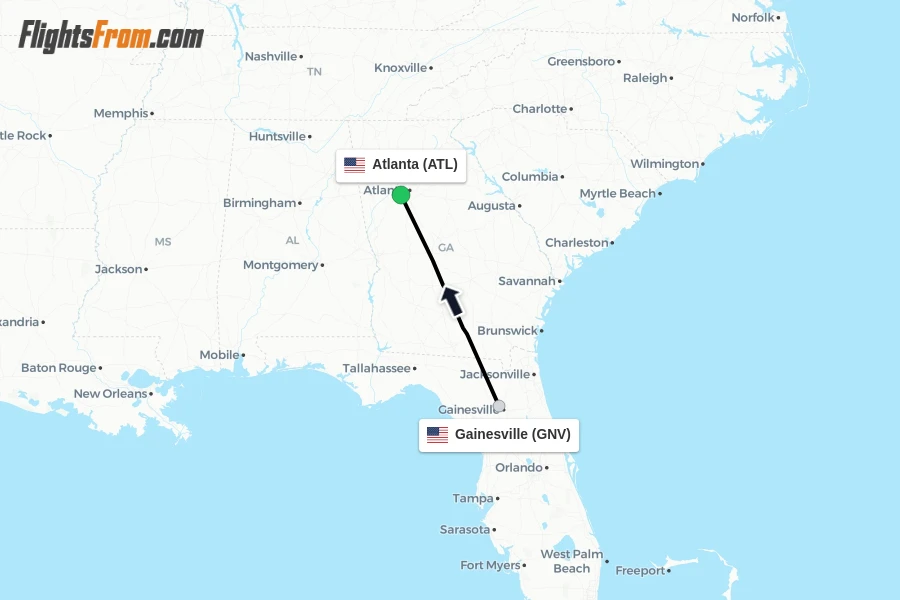 Flights from Gainesville to Atlanta route map