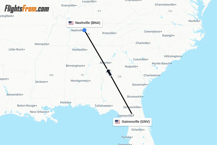 Flights from Gainesville to Nashville route map
