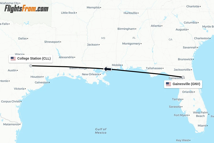 Flights from Gainesville to College Station route map