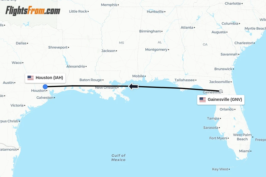Flights from Gainesville to Houston route map