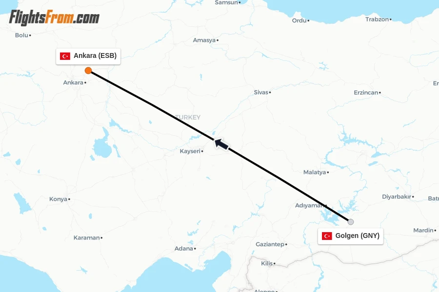 Flights from Golgen to Ankara route map