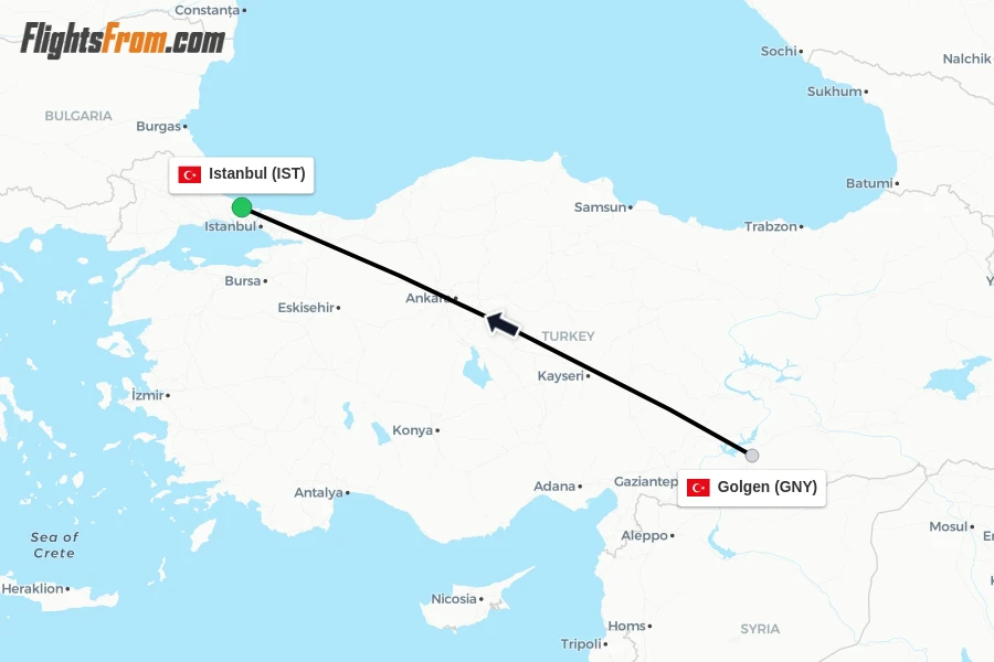 Flights from Golgen to Istanbul route map