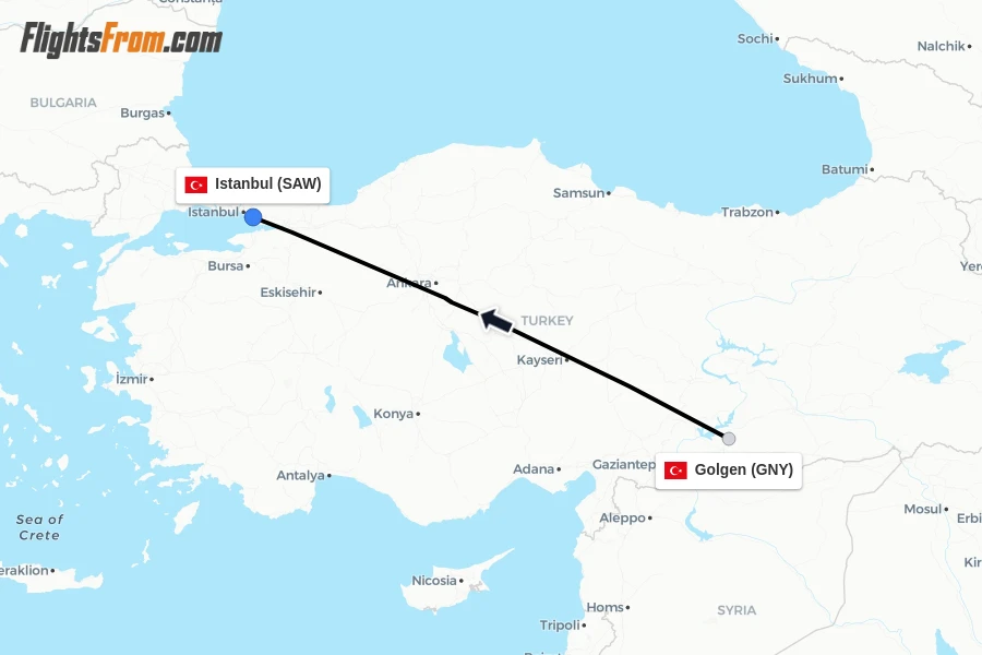 Flights from Golgen to Istanbul route map