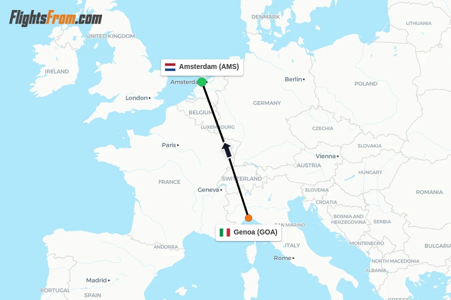 Flights from Genoa to Amsterdam route map