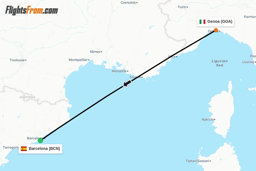 Flights from Genoa to Barcelona route map