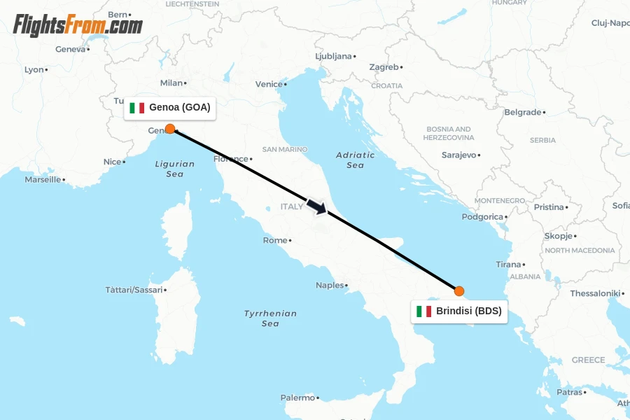 Flights from Genoa to Brindisi route map