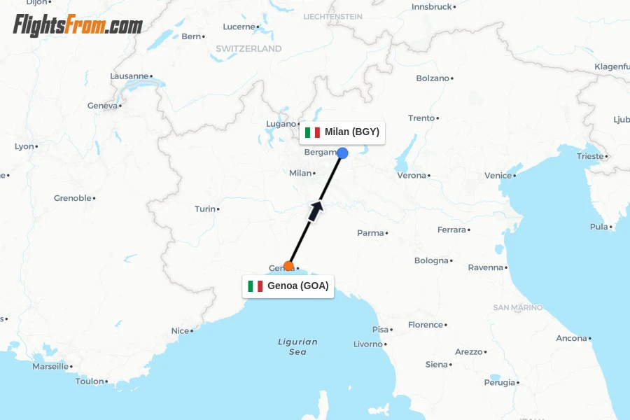 Flights from Genoa to Milan route map
